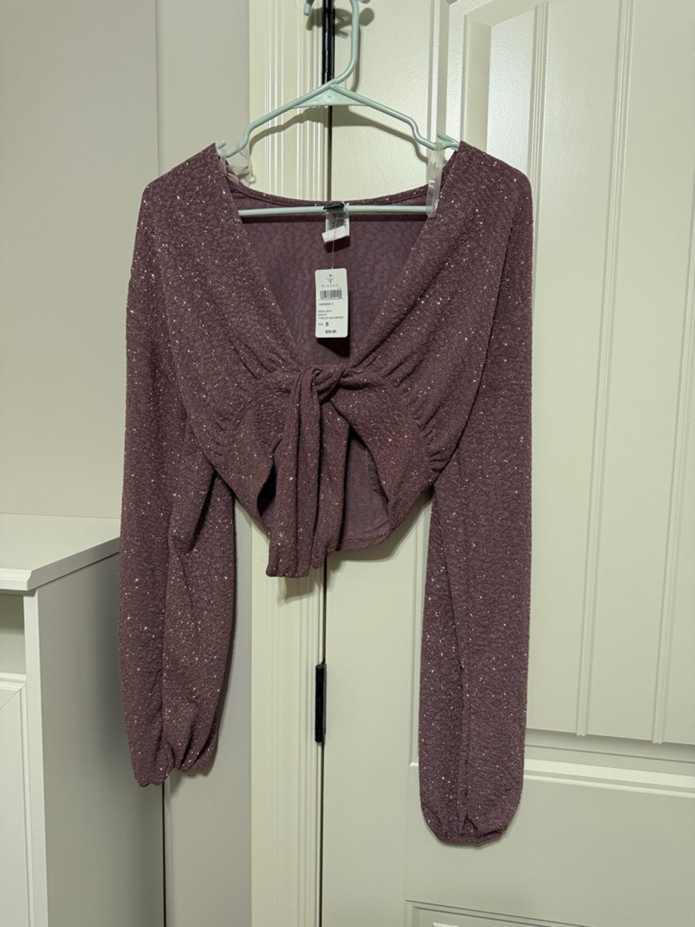 Windsor Mauve Sparkle Tie-Front Long Sleeve Crop Top